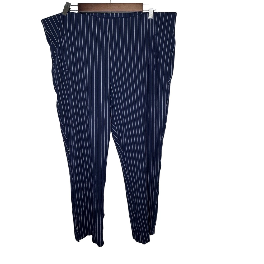 Chicos Womens Pants Size 18R Navy White Pinstripe Straight Leg Career